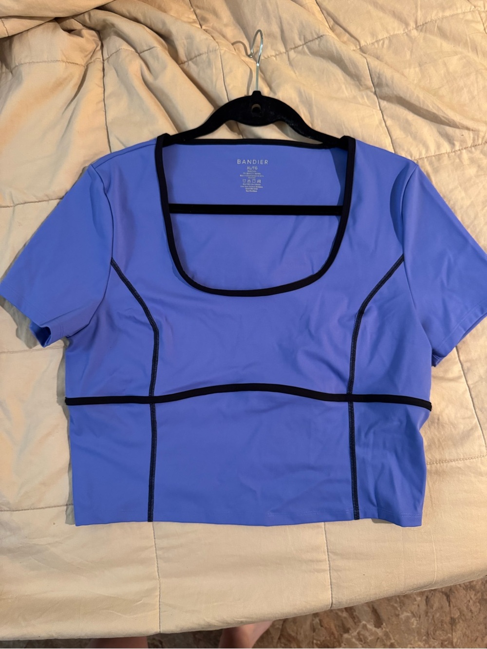 Bandier Blue Crop Top with Black Contrast Trim